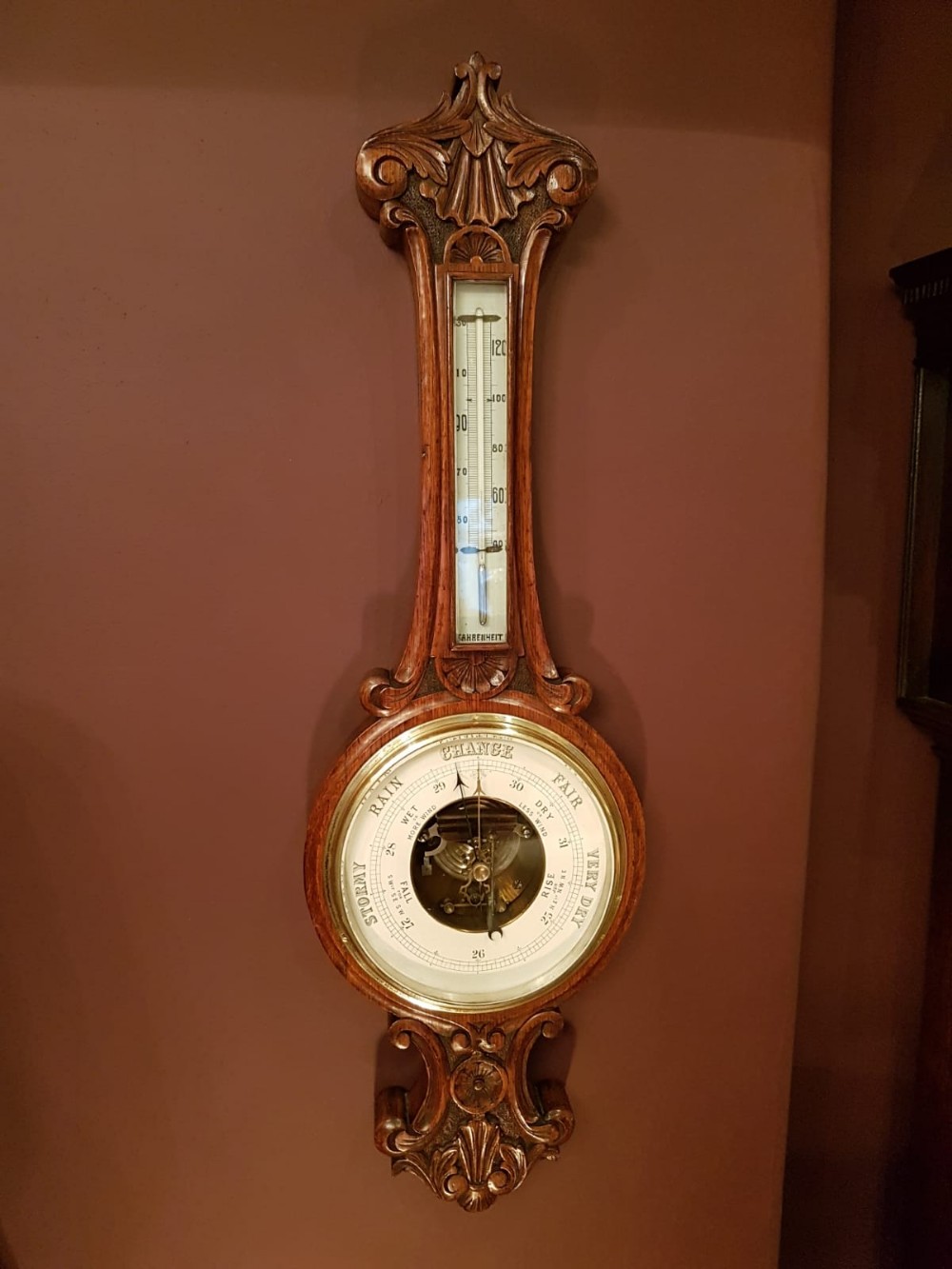 Victorian Carved Oak Banjo Barometer with Skeletonised Movement