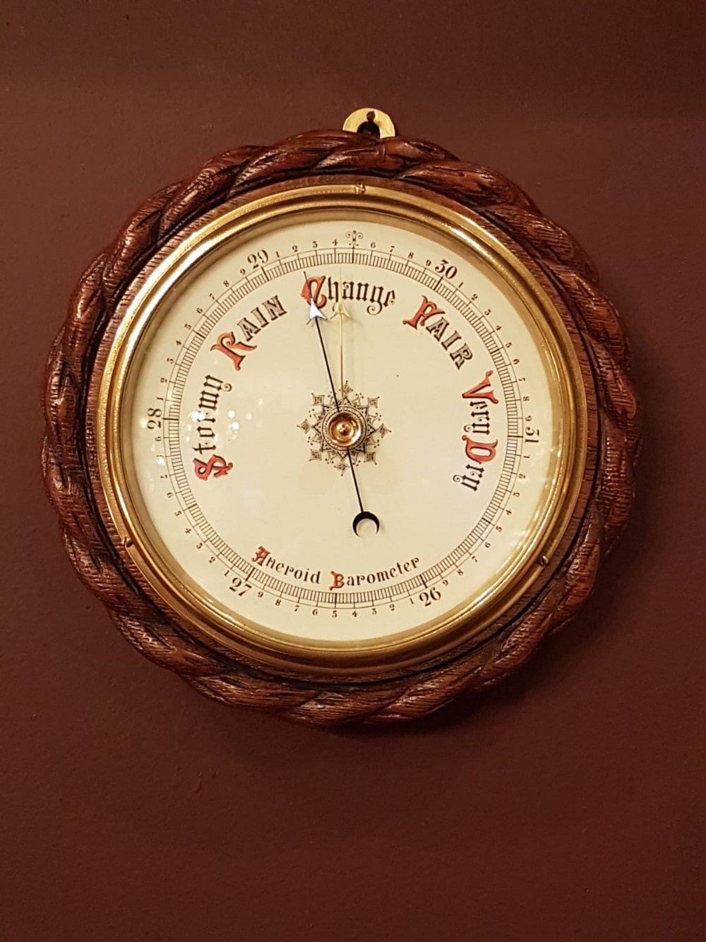 Antique Carved Oak Rope Edge Ships Barometer