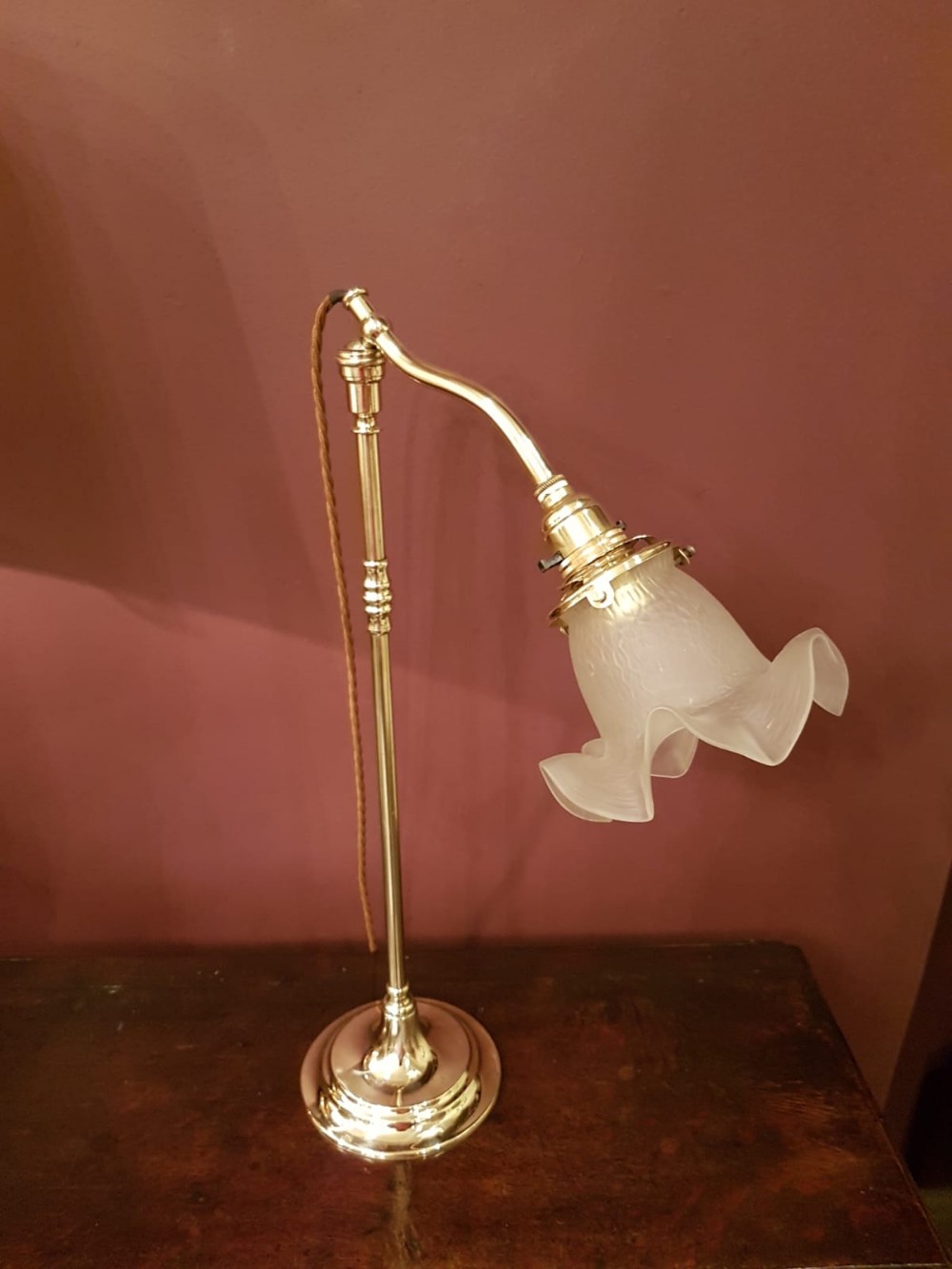 Edwardian Brass Adjustable Table Lamp and Original Shade