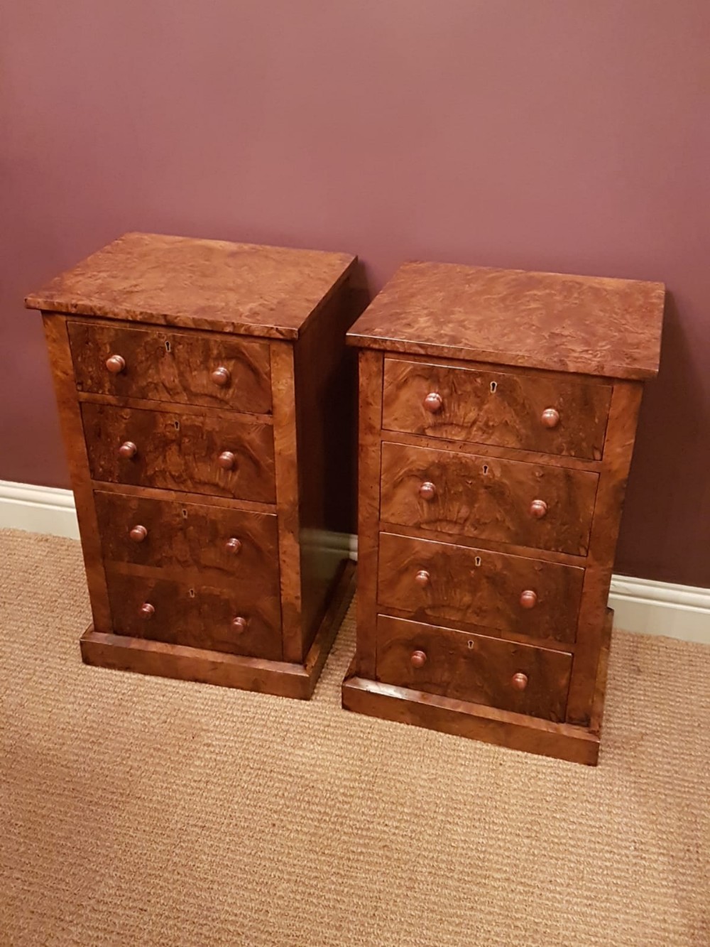Pair of Antique Victorian Burr Walnut Bedside Chests