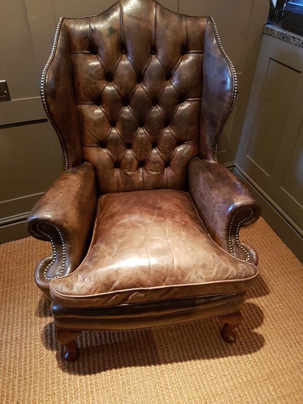 Antique Wing Back Armchair with Original Hide Upholstery