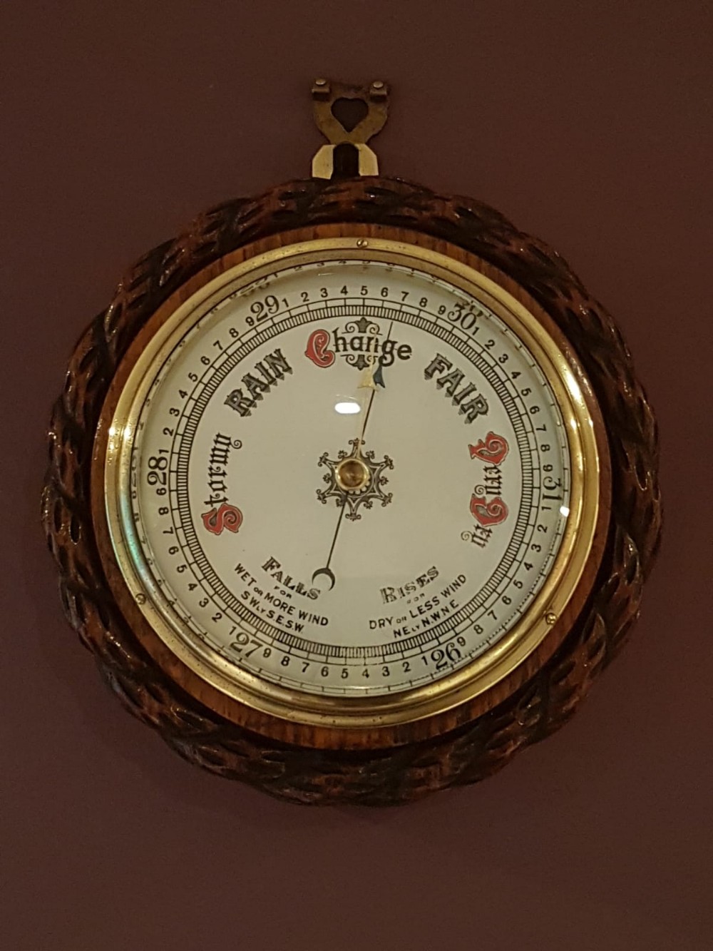 Antique Carved Oak Rope Edge Ships Barometer