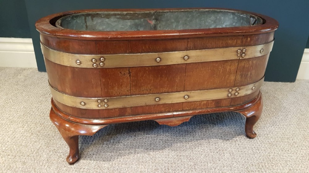 Victorian Brass Bound Mahogany Planter and Liner