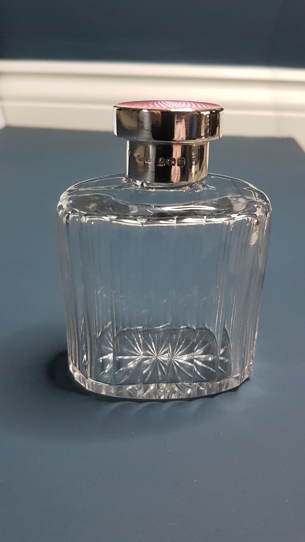 Cut Glass Pink Enamel on Silver Top Scent Bottle View IX