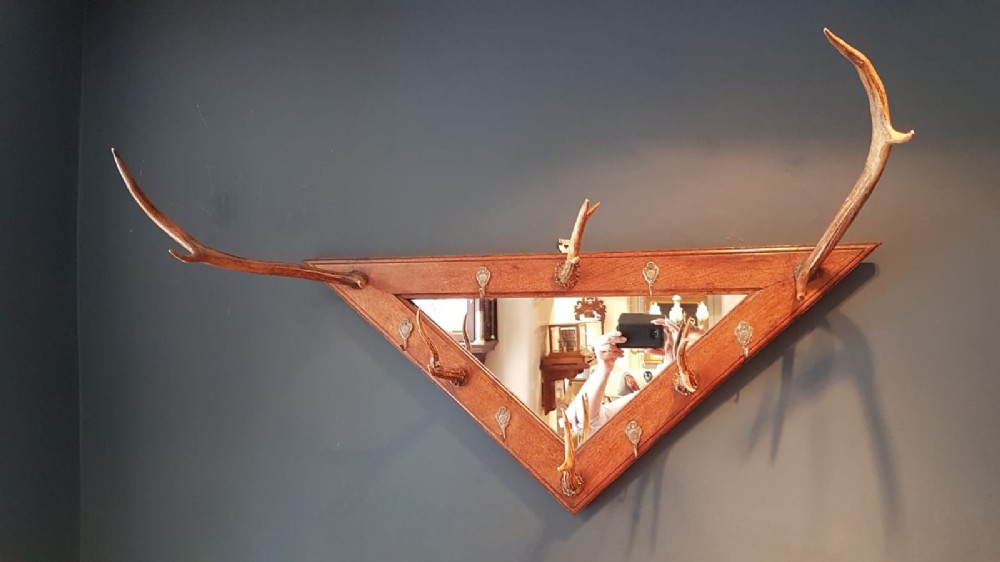 Edwardian Oak Hall Mirror With Antler Coat Hooks