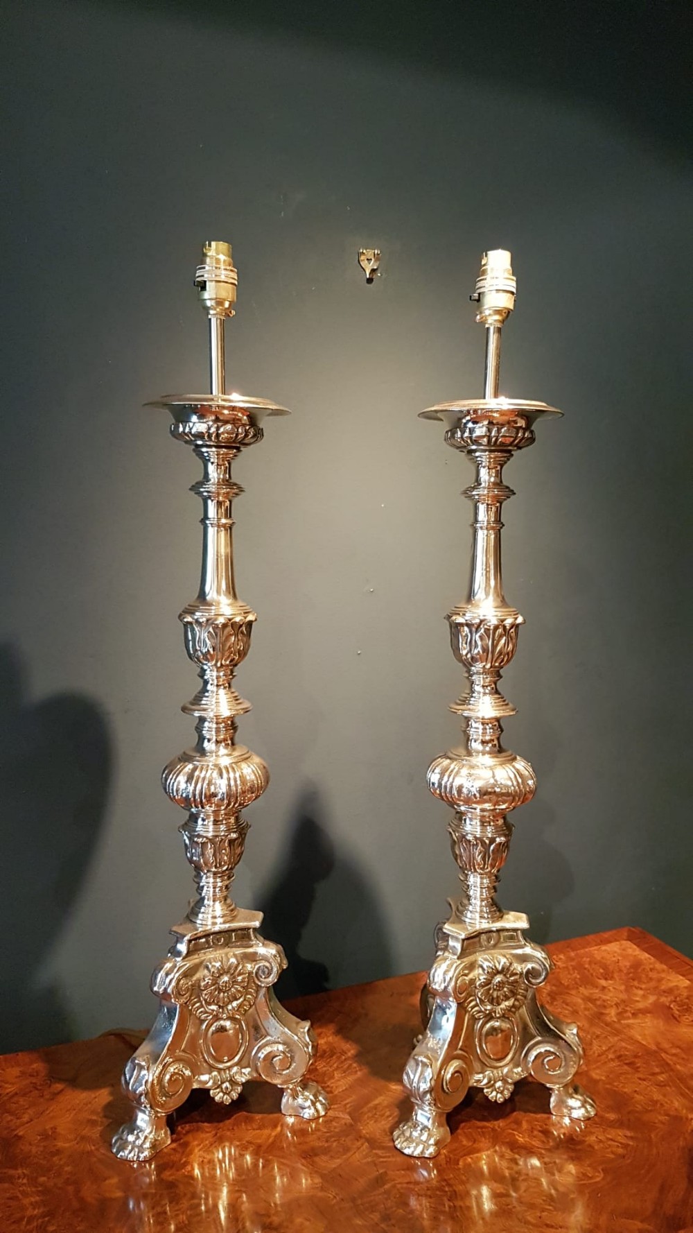Matching Pair of Antique Brass Candlestick Lamps