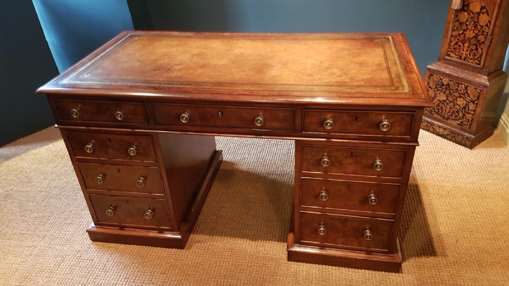 Outstanding Victorian Burr Walnut Pedestal Desk