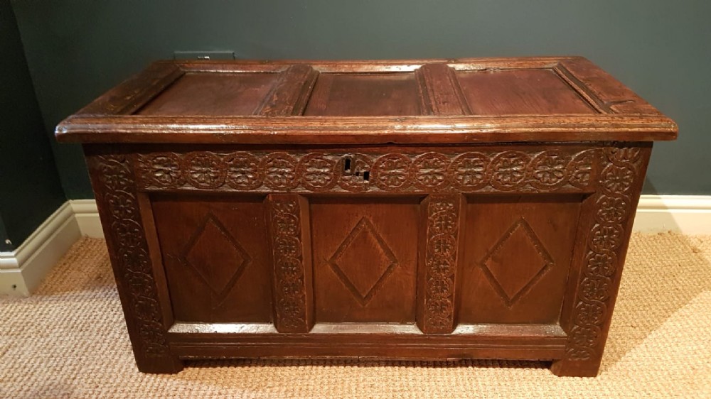 Superb Small Early Oak Three Panel Coffer