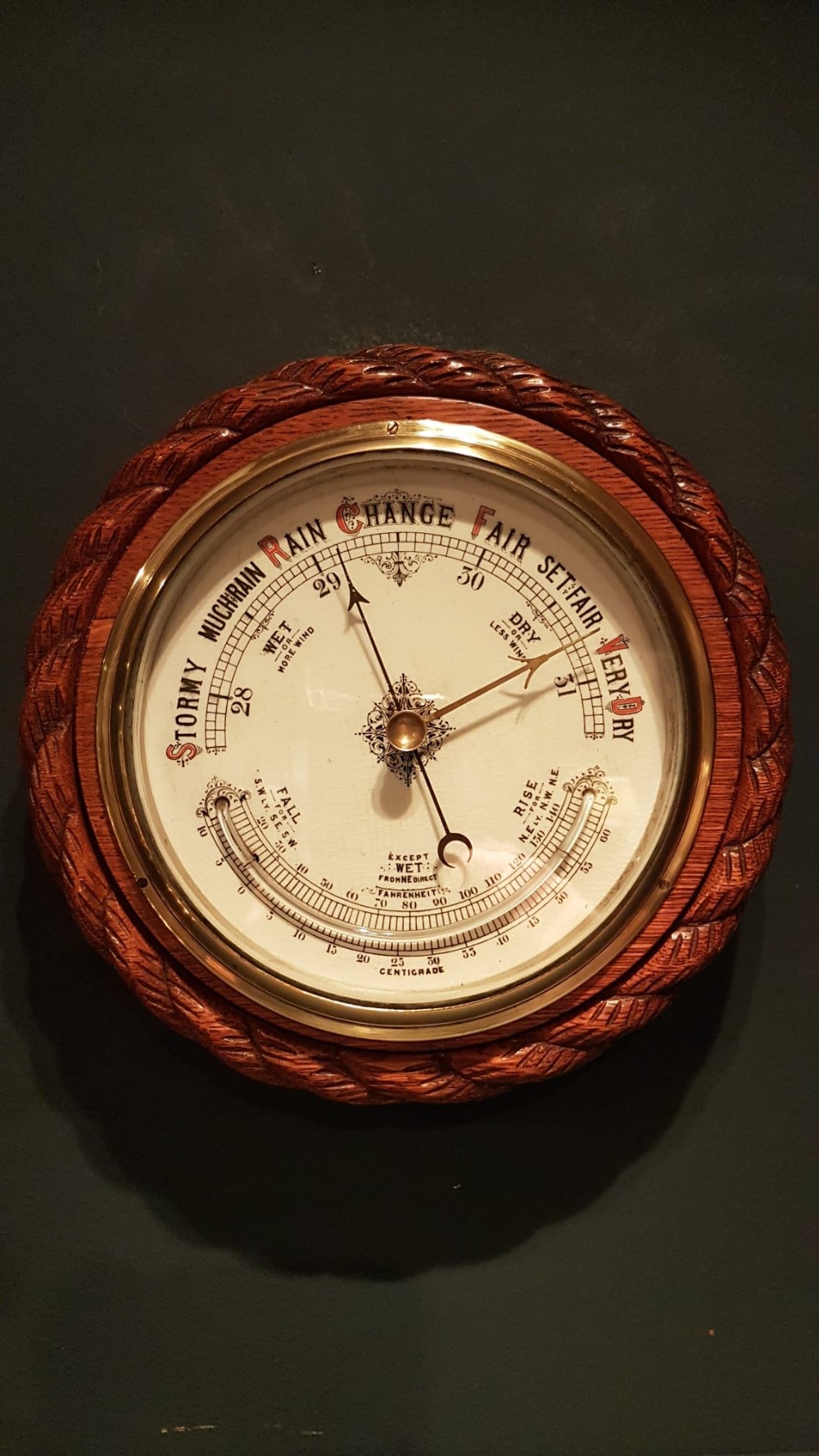 Victorian Oak Ships Barometer With Crescent Thermometer