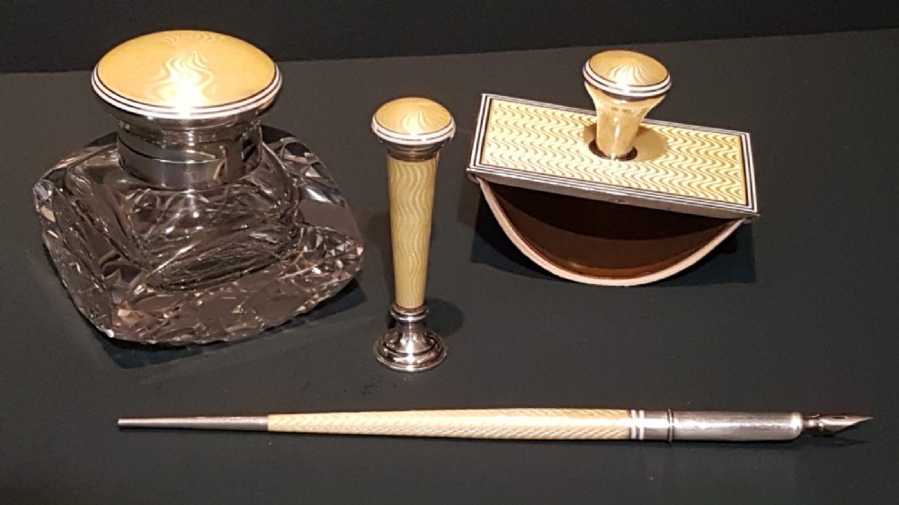 Superb Silver and Enamel Four Piece Pen and Ink Set