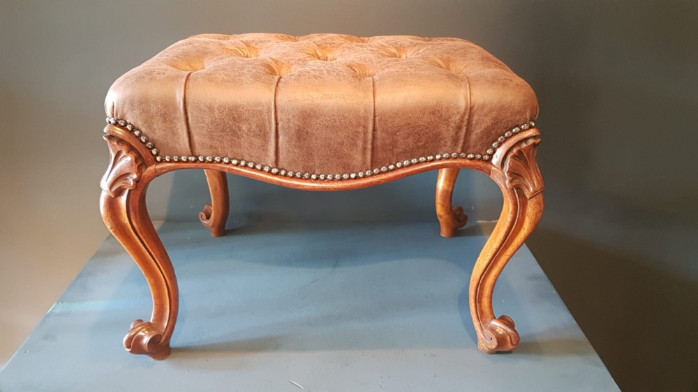 Victorian Walnut & Leather Cabriole Leg Stool