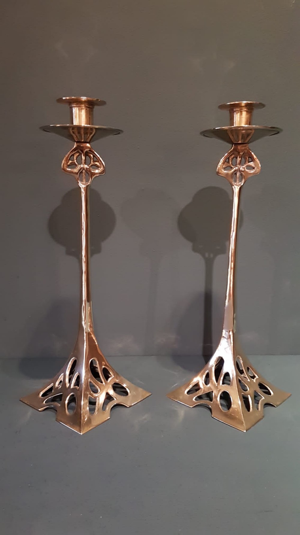 Pair of Solid Brass Art Nouveau Candlesticks