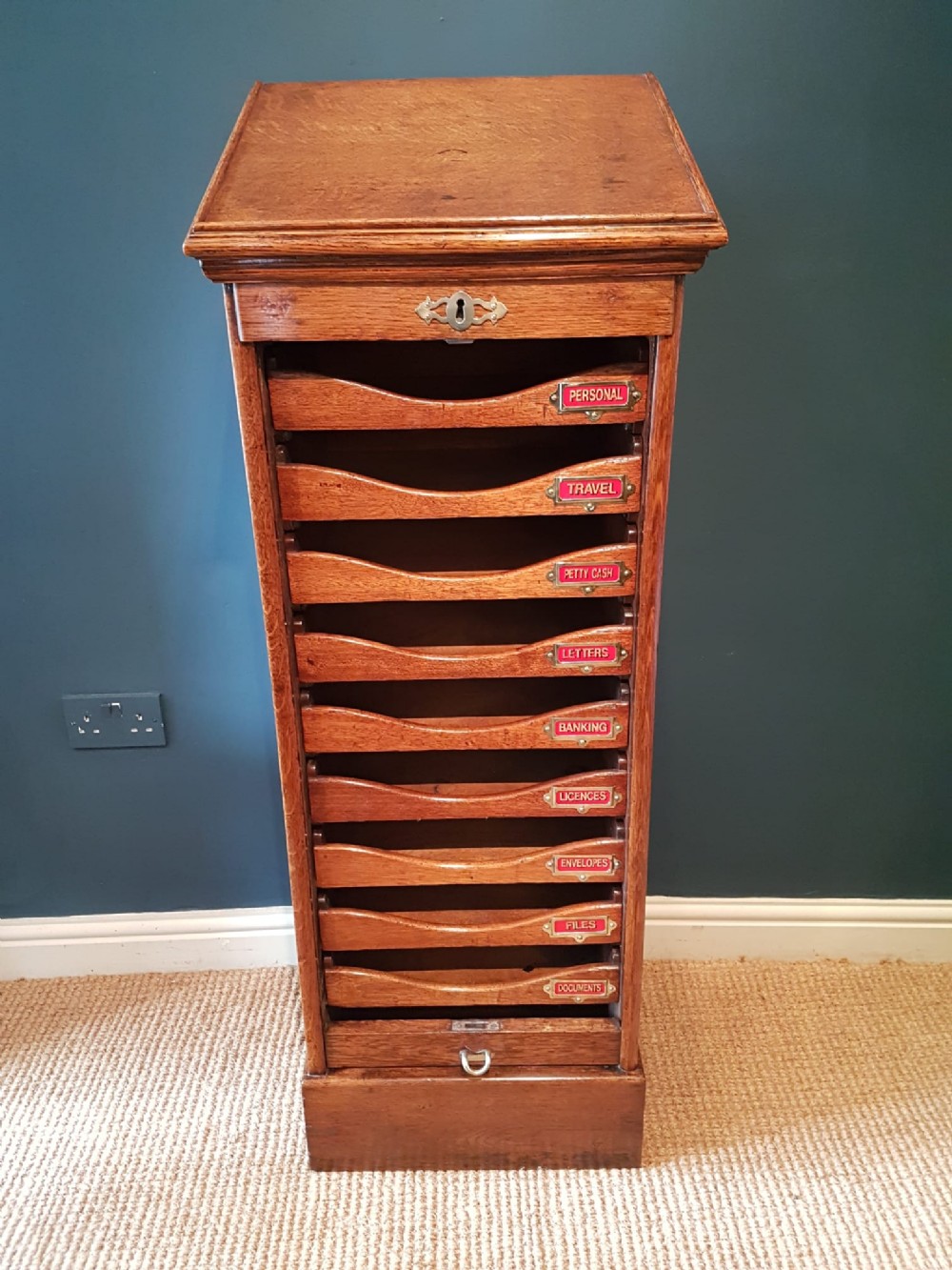 Edwardian Oak Tambour Front File Cabinet