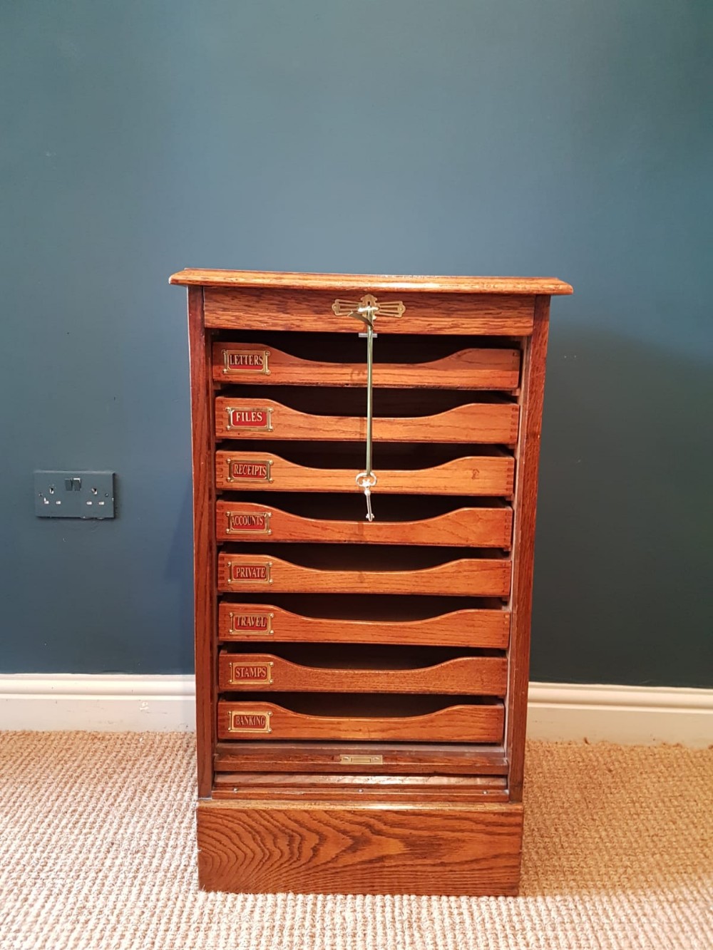 Edwardian Oak Tambour Front File Cabinet