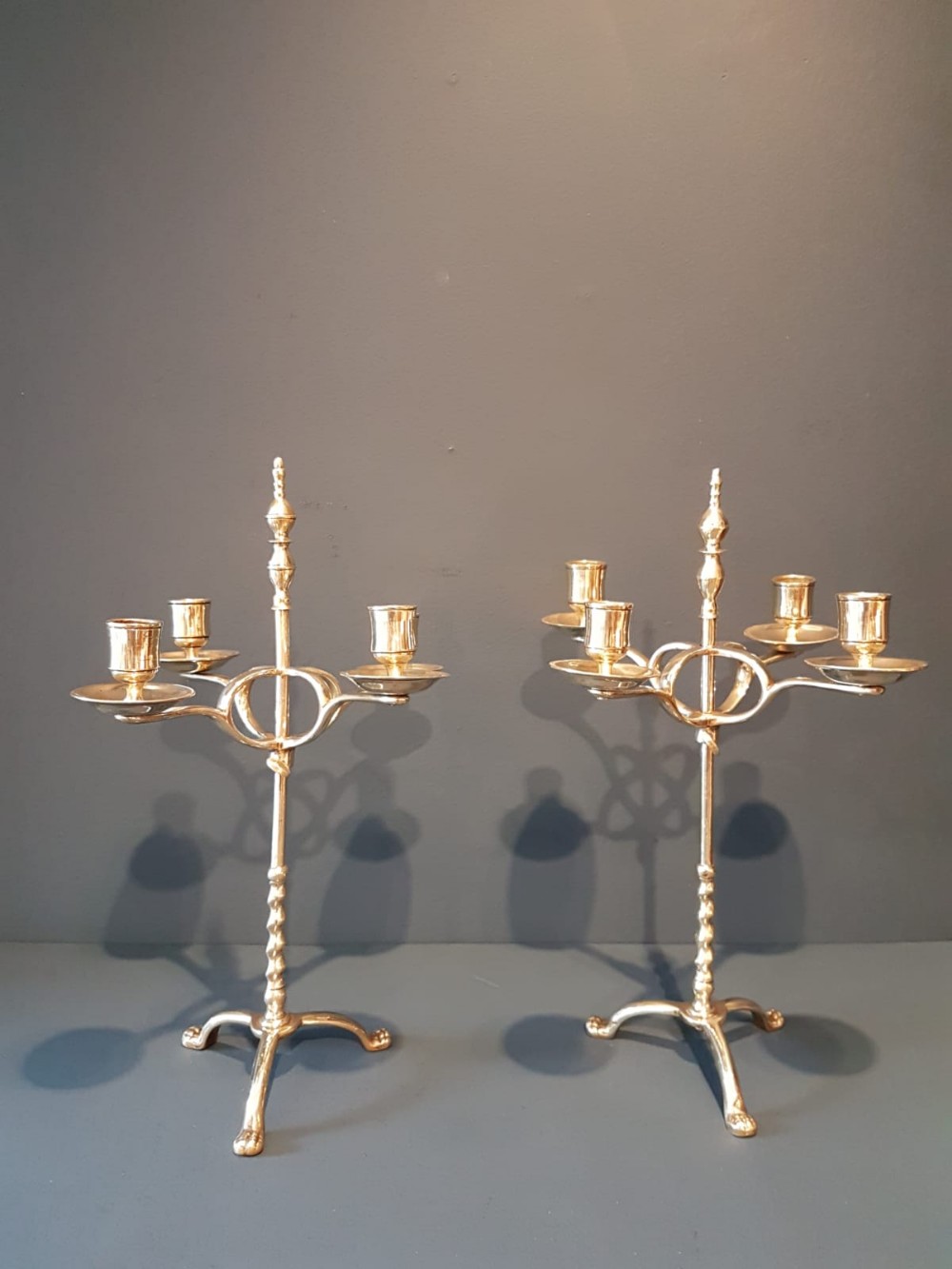 Pair of Victorian Brass Rise and Fall Candelabras