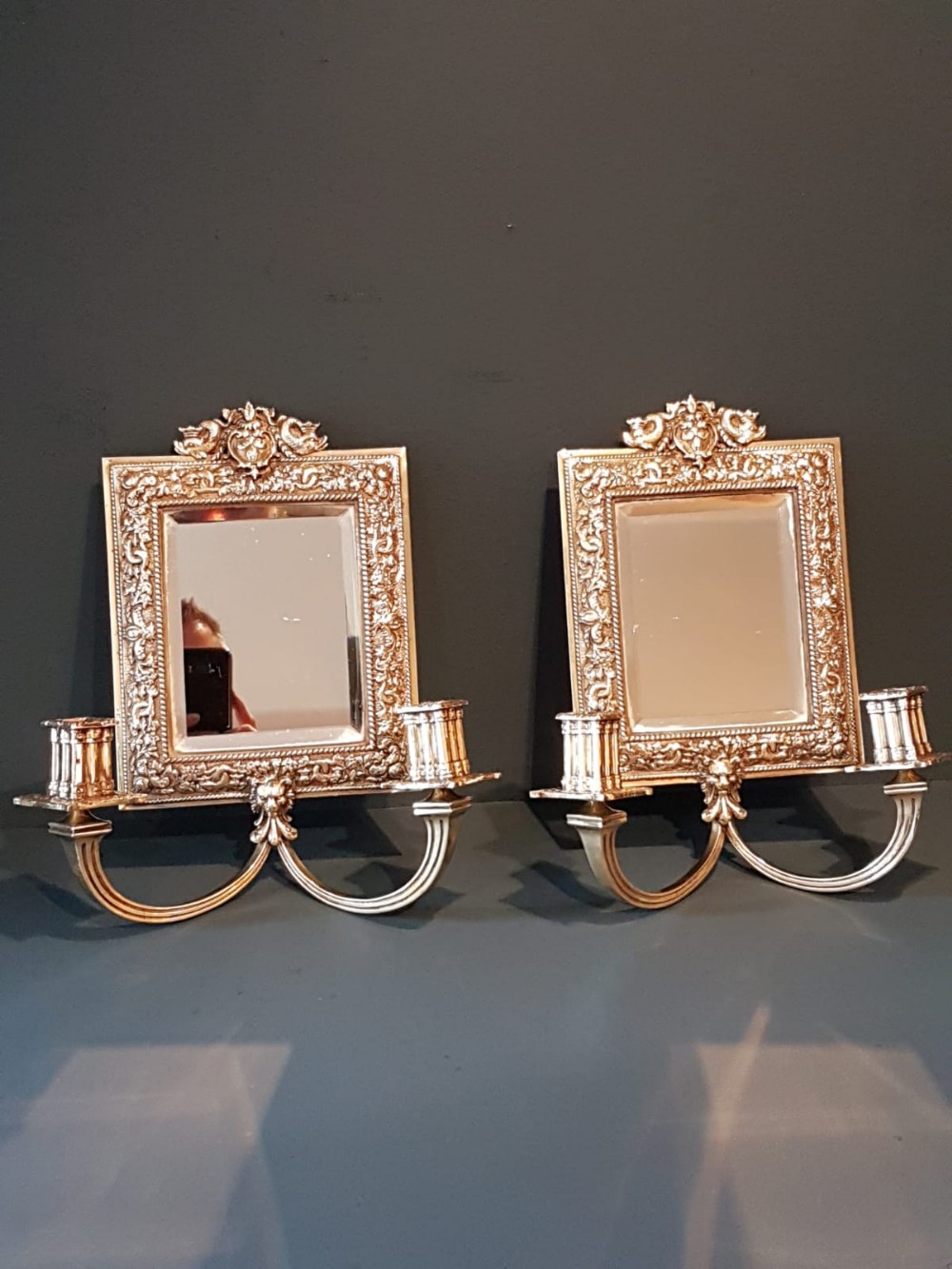 Matching Pair of Victorian Mirror Back Wall Sconces