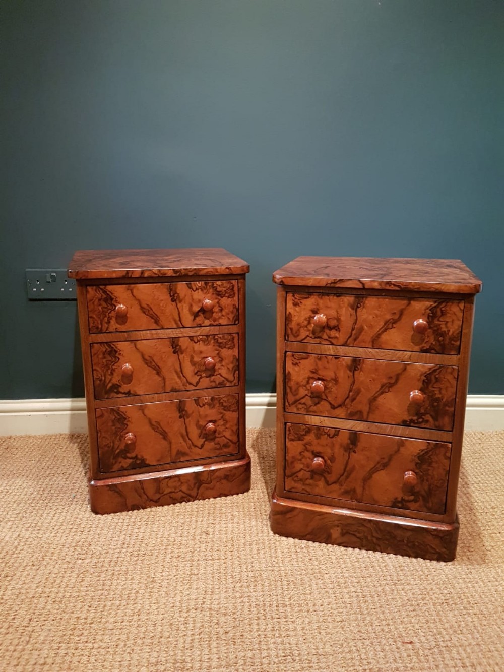Pair of Book Matched Walnut Bedside Chests