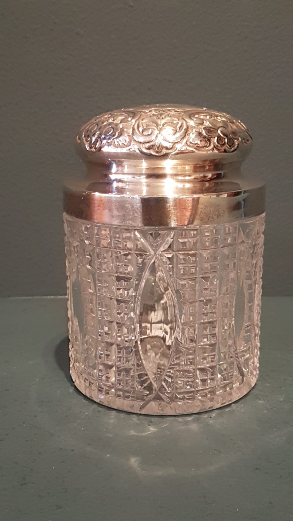 Victorian Silver Topped Table Jar with Cut Crystal Base