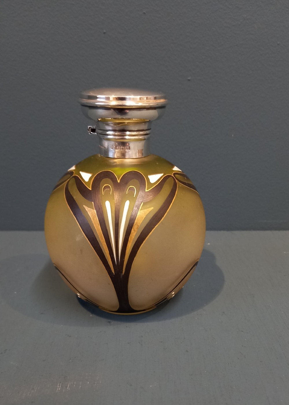 Art Nouveau Silver Iridescent Olive Green Glass Scent Bottle