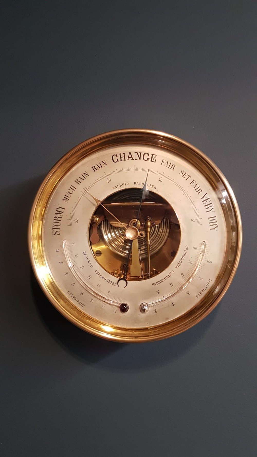 Victorian Brass Cased Marine Barometer with Twin Crescent Thermometers