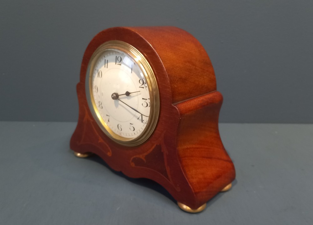 SMALL EDWARDIAN PERIOD FRUITWOOD INLAID MANTEL CLOCK View IV