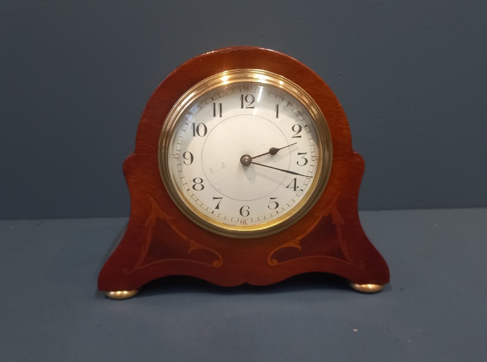 SMALL EDWARDIAN PERIOD FRUITWOOD INLAID MANTEL CLOCK View VII