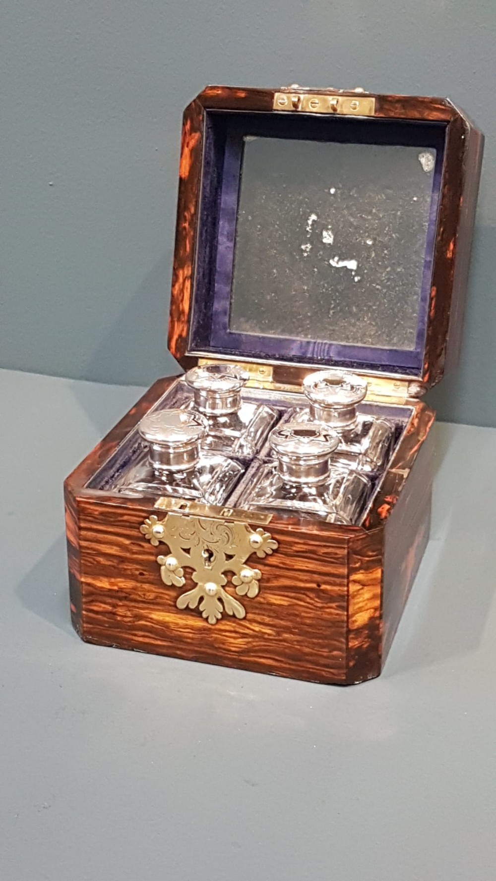 Victorian Coromandel Scent Box with Silver Top Bottles