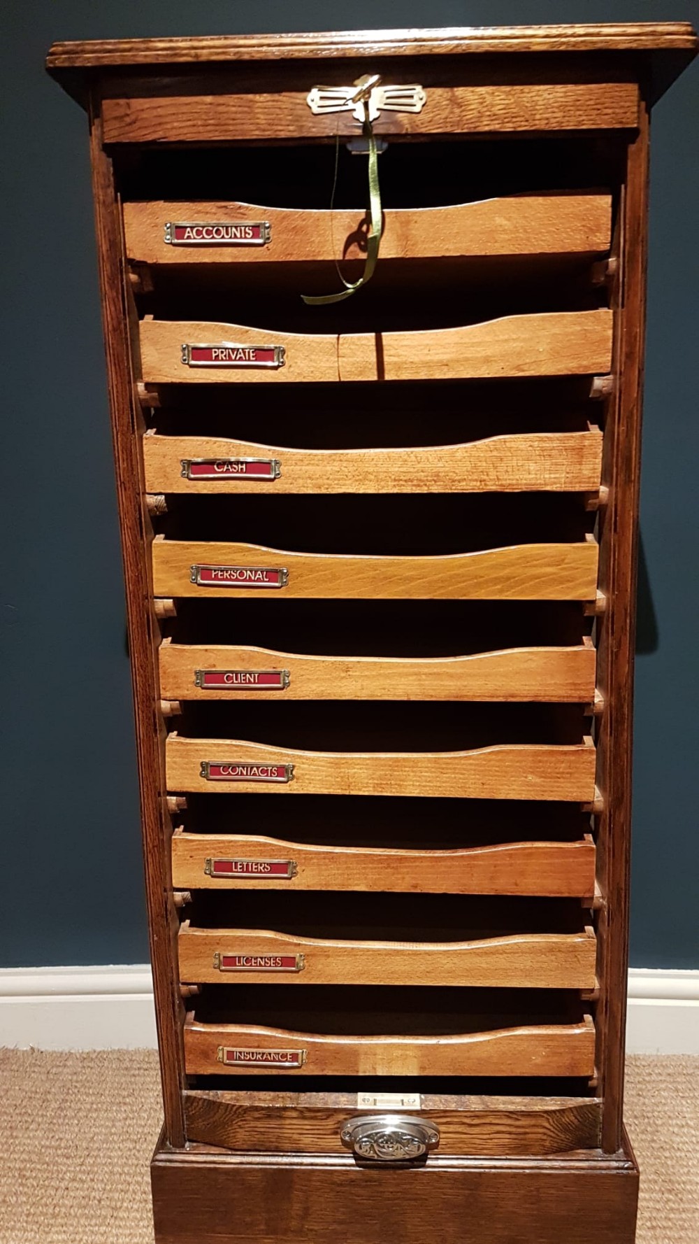 Edwardian Oak Tambour Front File Cabinet