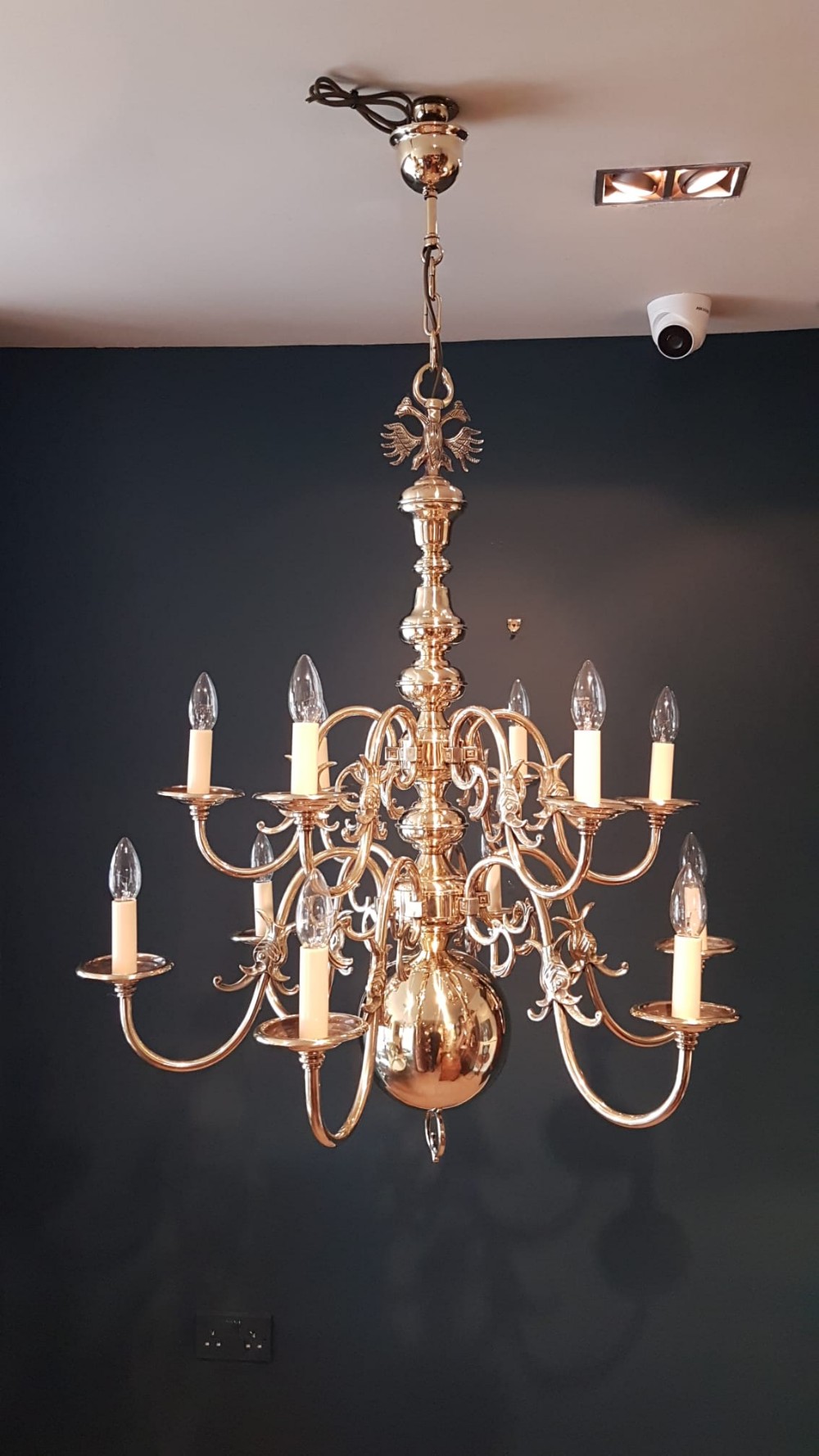 Edwardian Polished Brass Two Tier Chandelier