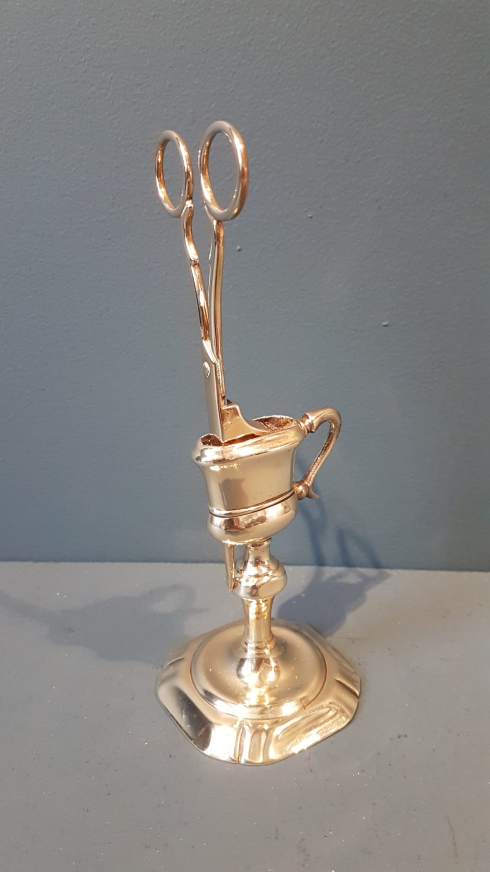 Rare George III Brass Candle Snuffers and Petal Base Stand