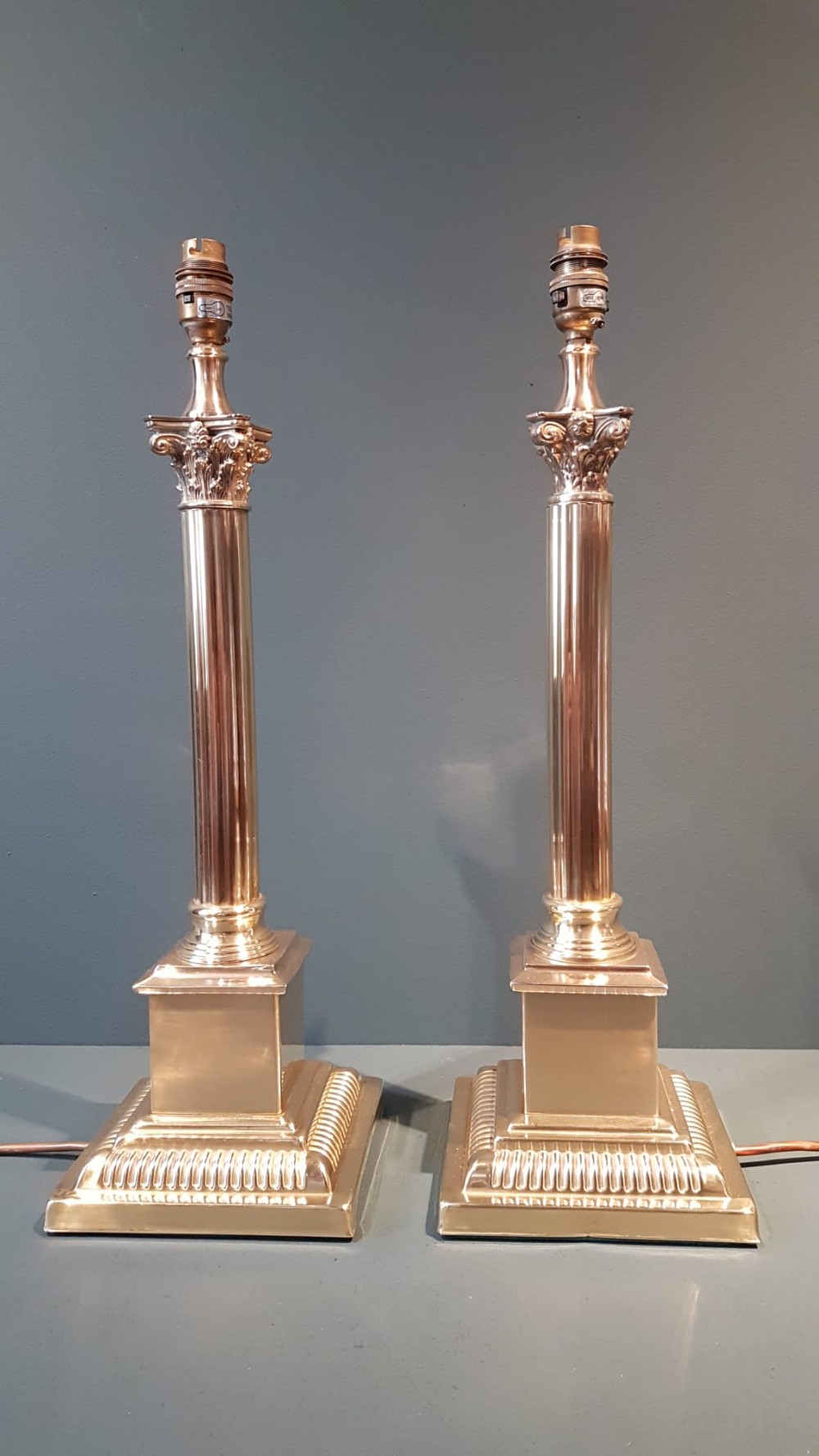 Matching Pair of Brass Corinthian Column Lamps