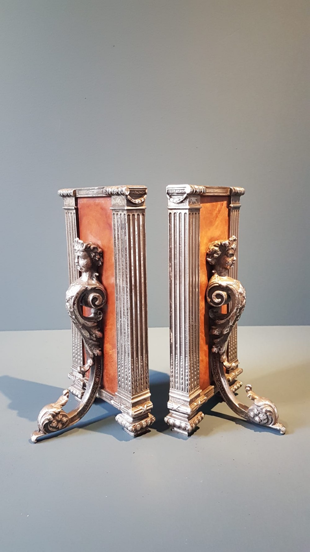 Matching Pair of Silver Plate and Leather Book Ends