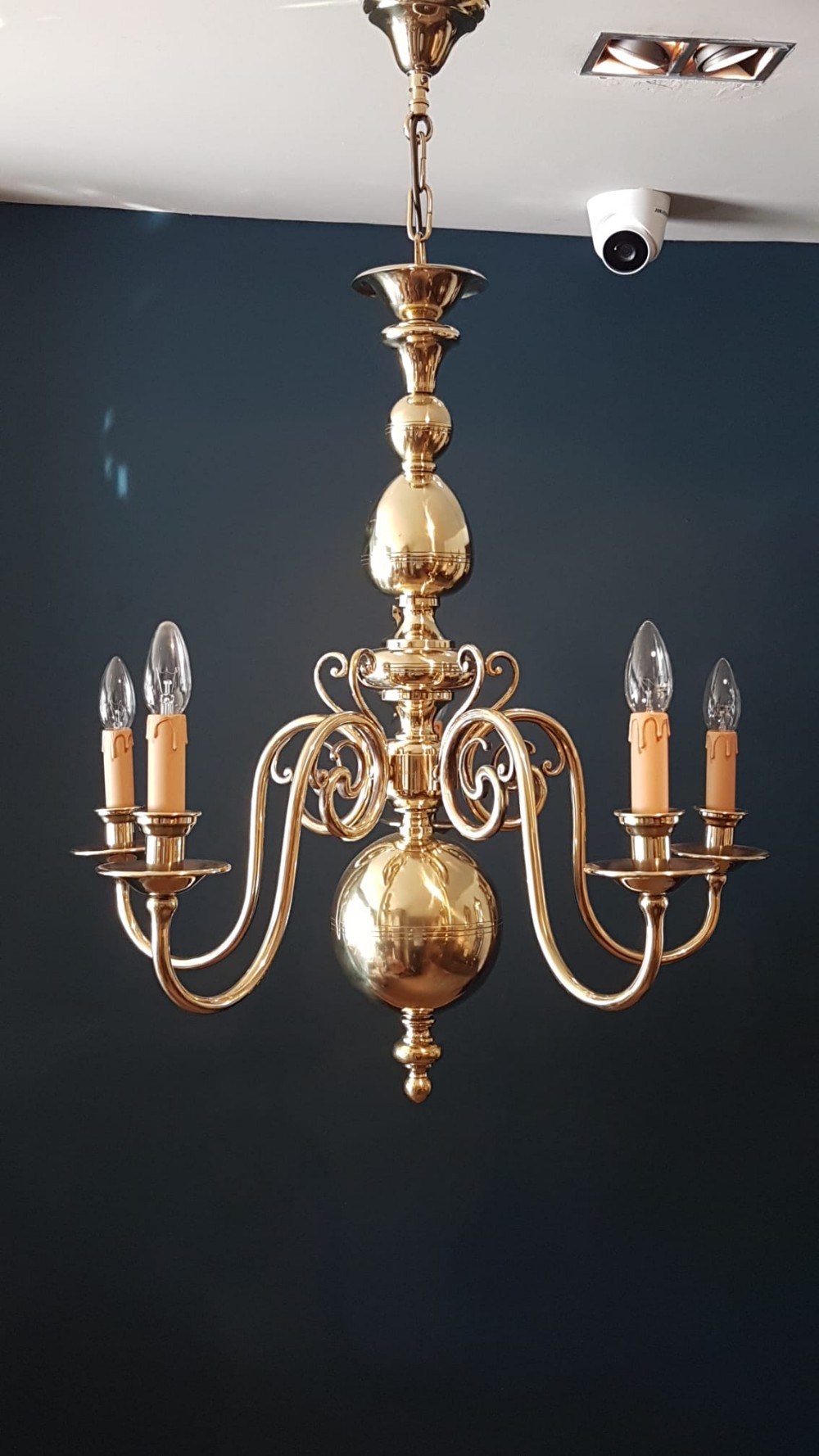 Edwardian 5 Arm Brass Chandelier