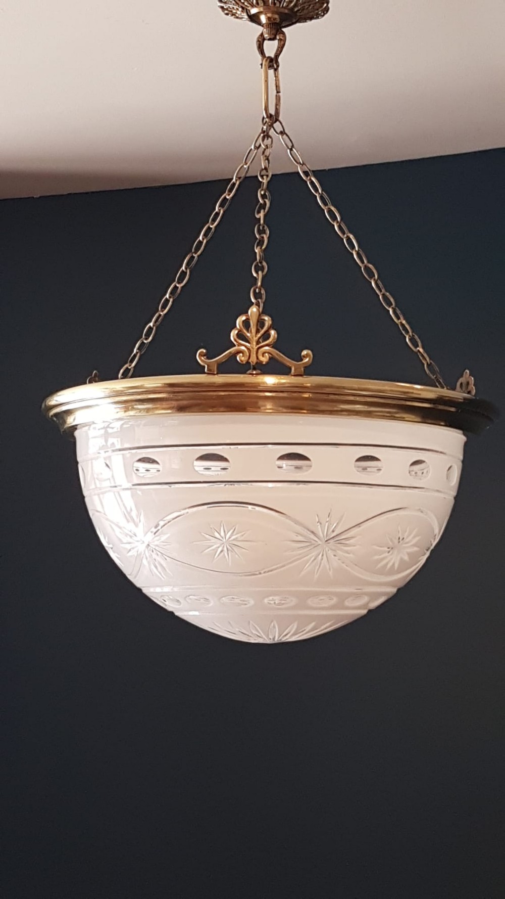 Edwardian Cut Glass and Brass Plafonnier Pendant Light