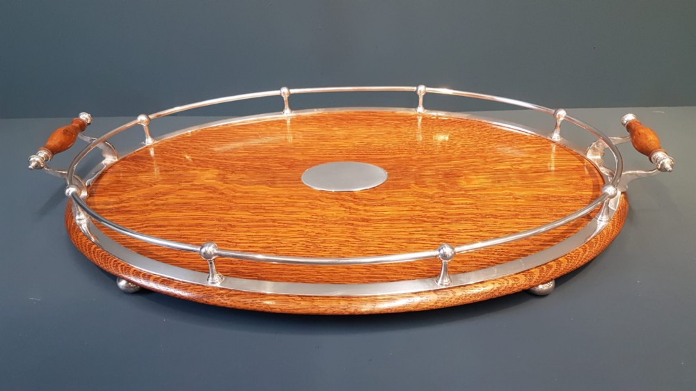 Immaculate Victorian Oak and Silver Plate Tray