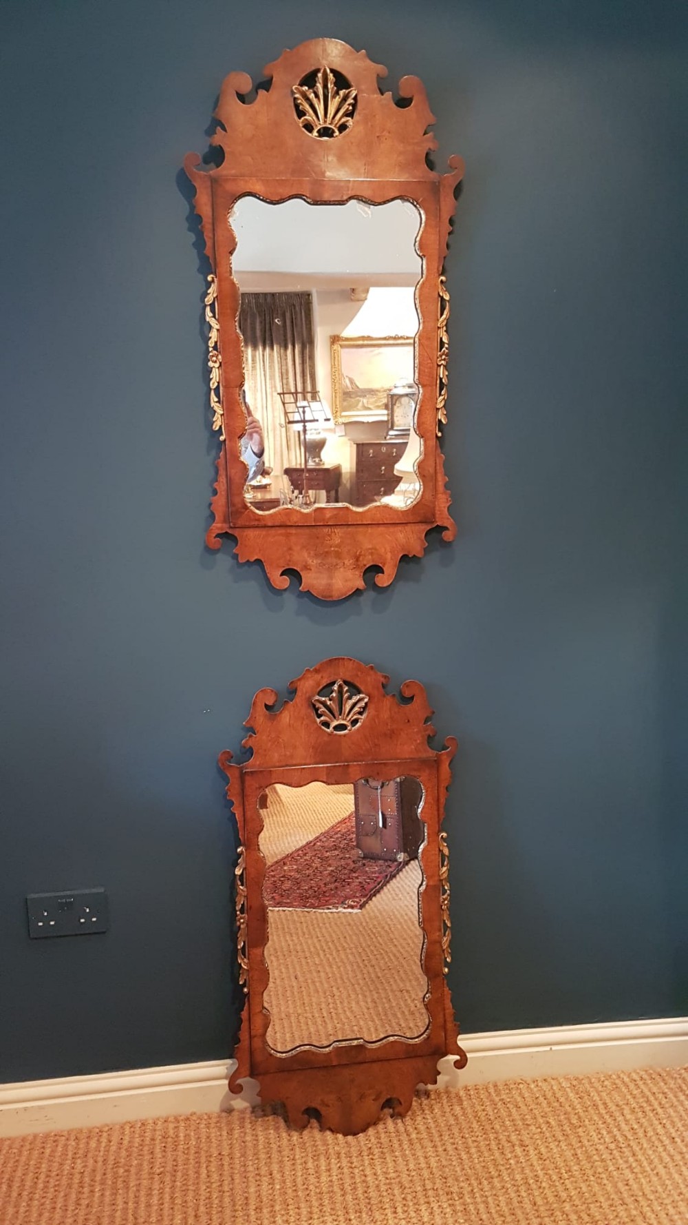 Matching Pair of Walnut and Parcel Gilt Mirrors