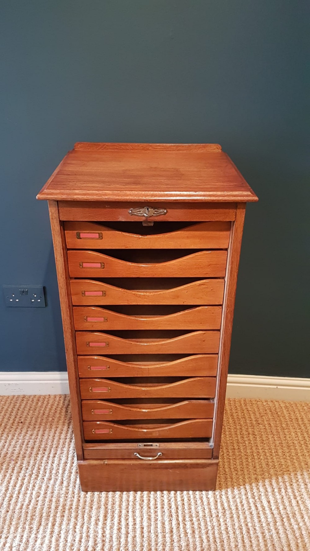 Edwardian Solid Oak Tambour Front File Cabinet