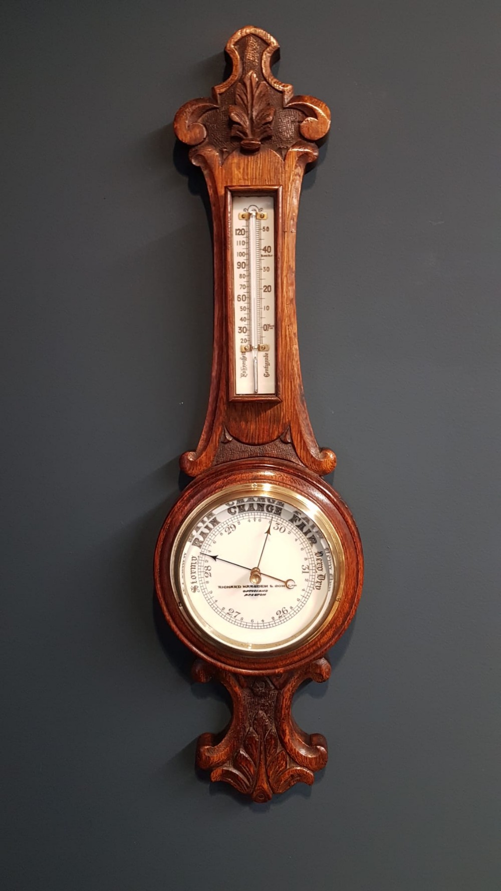 Small Victorian Carved Oak Preston Banjo Barometer