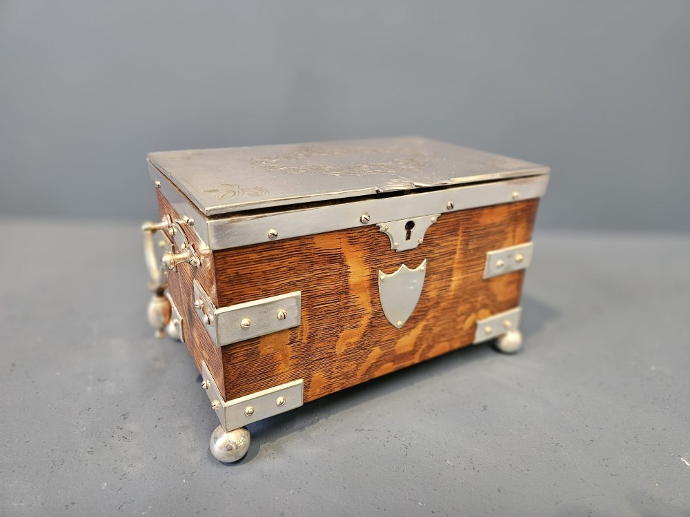 Victorian Oak and Silver Plated Tea Caddy