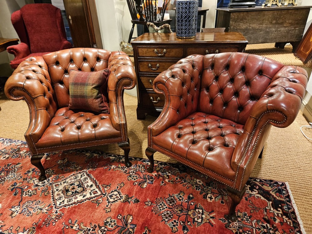 Matching Pair of 1920's Red Leather Chesterfield Arm Chairs