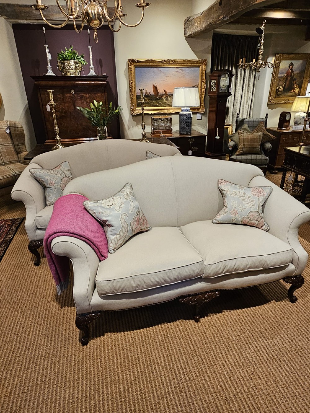 Matching Pair of Victorian Linen Covered Sofas