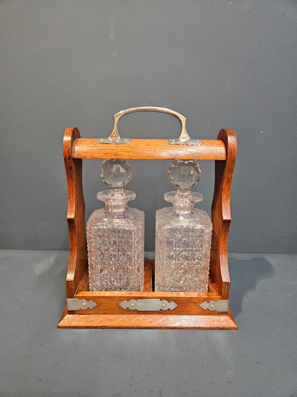 Victorian Oak & Silver Plated Two Bottle Tantalus