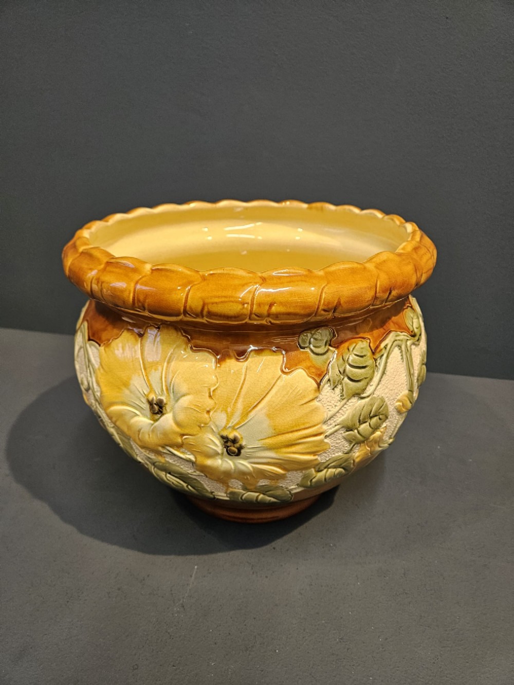 Large Burmantofts Art Pottery Faience Sunflower Jardiniere