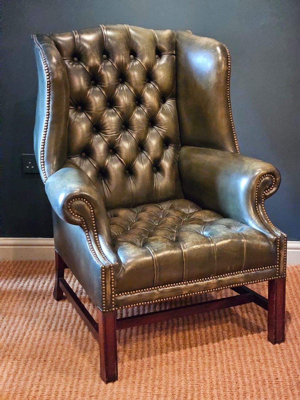 Green Leather Chesterfield Wing Back Arm Chair