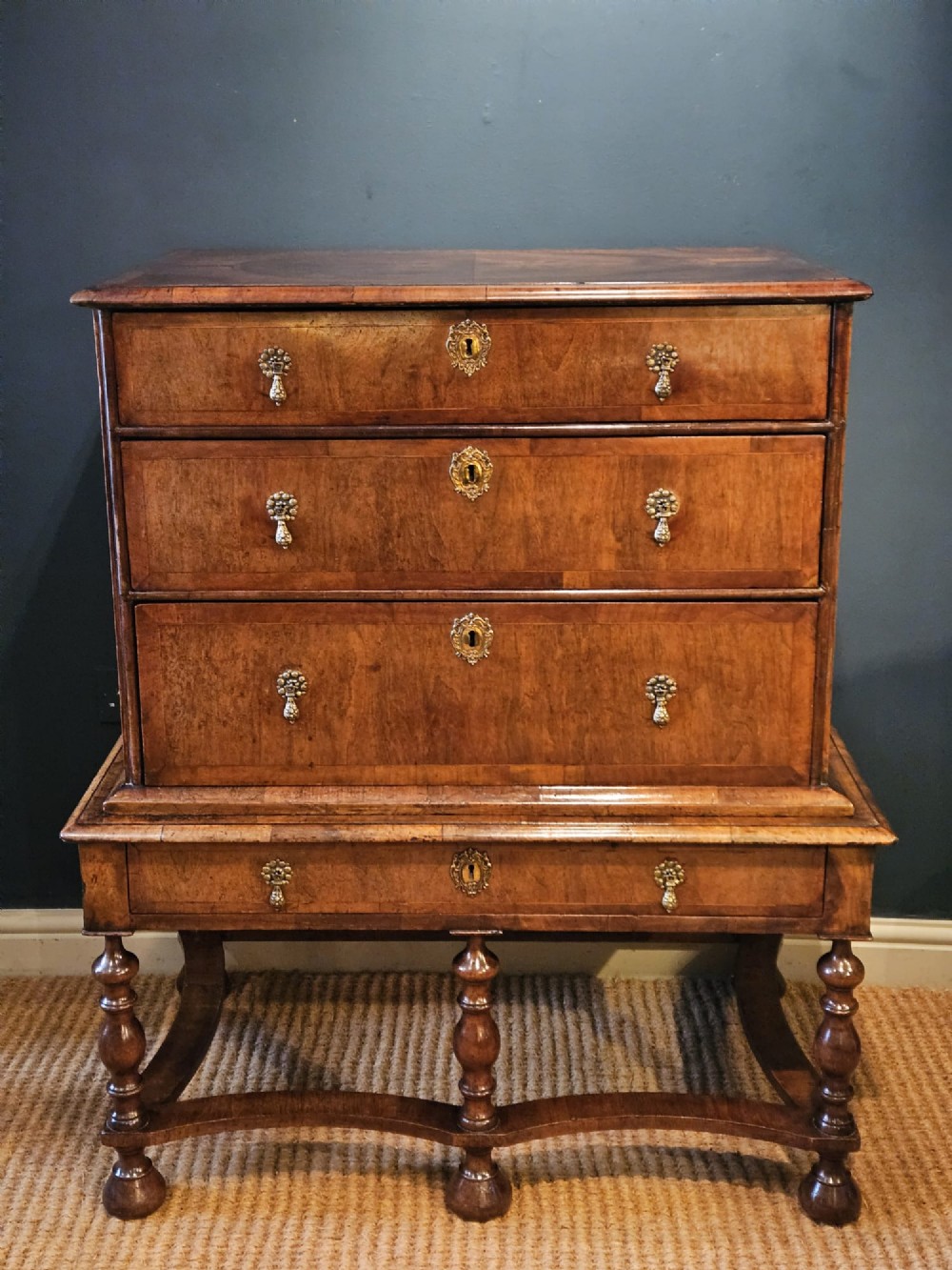 Outstanding Small William and Mary Walnut Chest on Stand