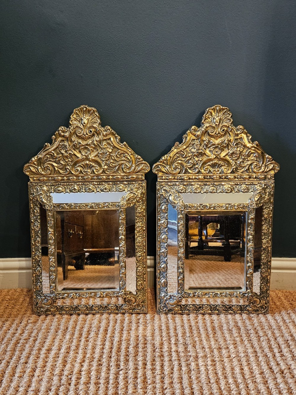 Pair of Victorian Brass Cushion Frame Mirrors