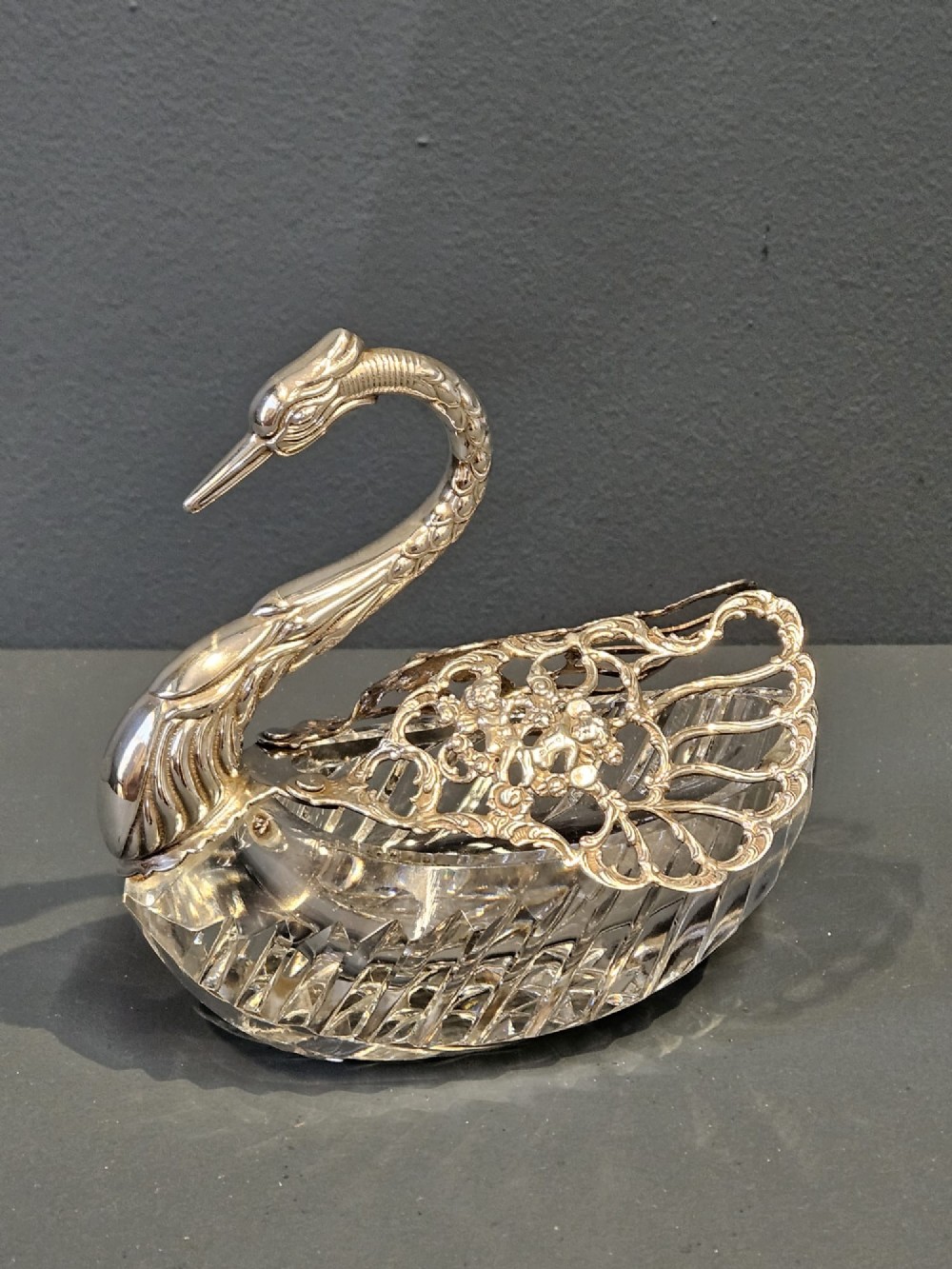 Edwardian Silver and Crystal Swan Bon Bon Dish