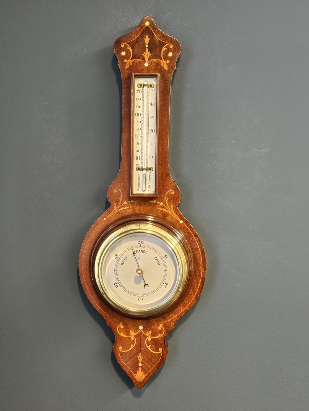 Small Edwardian Inlaid Mahogany Banjo Barometer