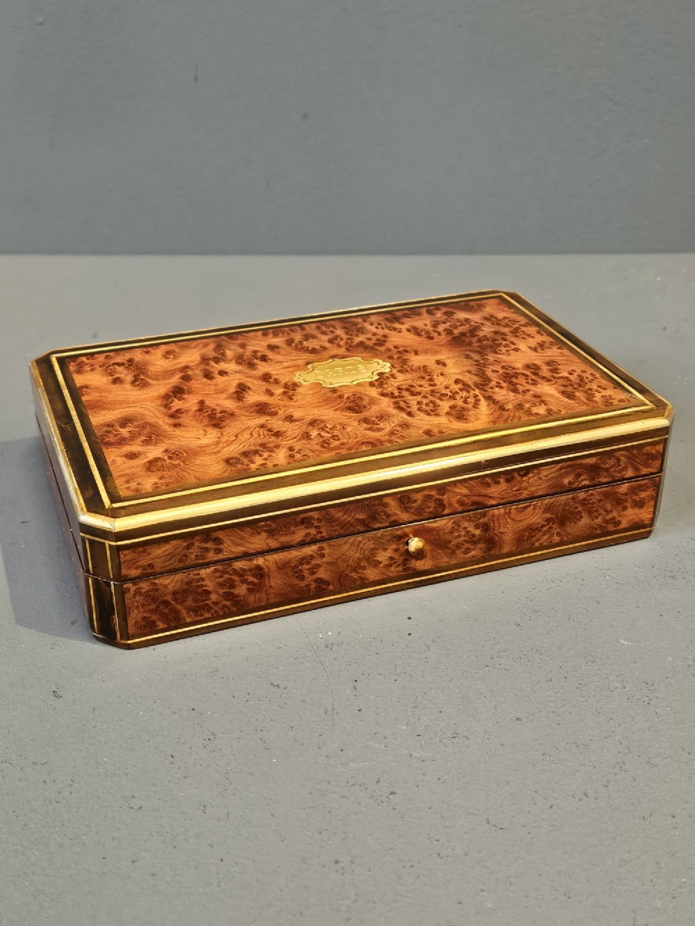 Mid Victorian Amboyna and Brass Inlaid Card Box
