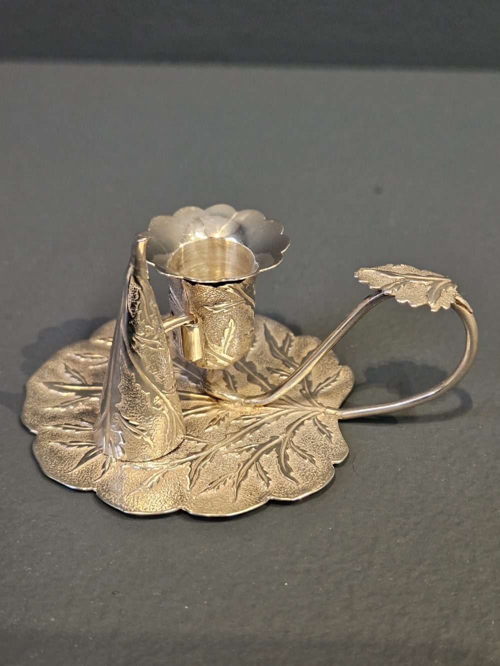 Silver Leaf Design Taper Candle Stick and Snuffer